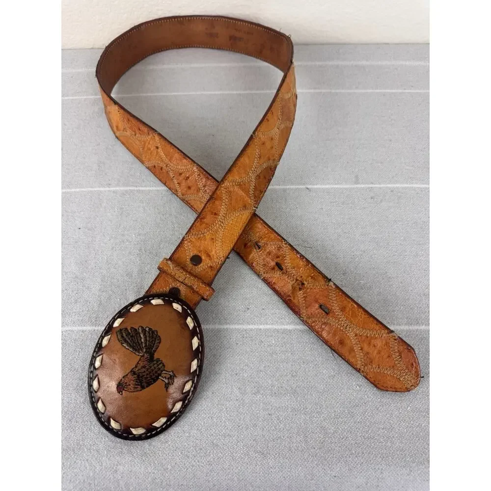 Vintage Justin Ostrich Leather Belt & Vtg Embroidered Rooster Belt Buckle Tan 36